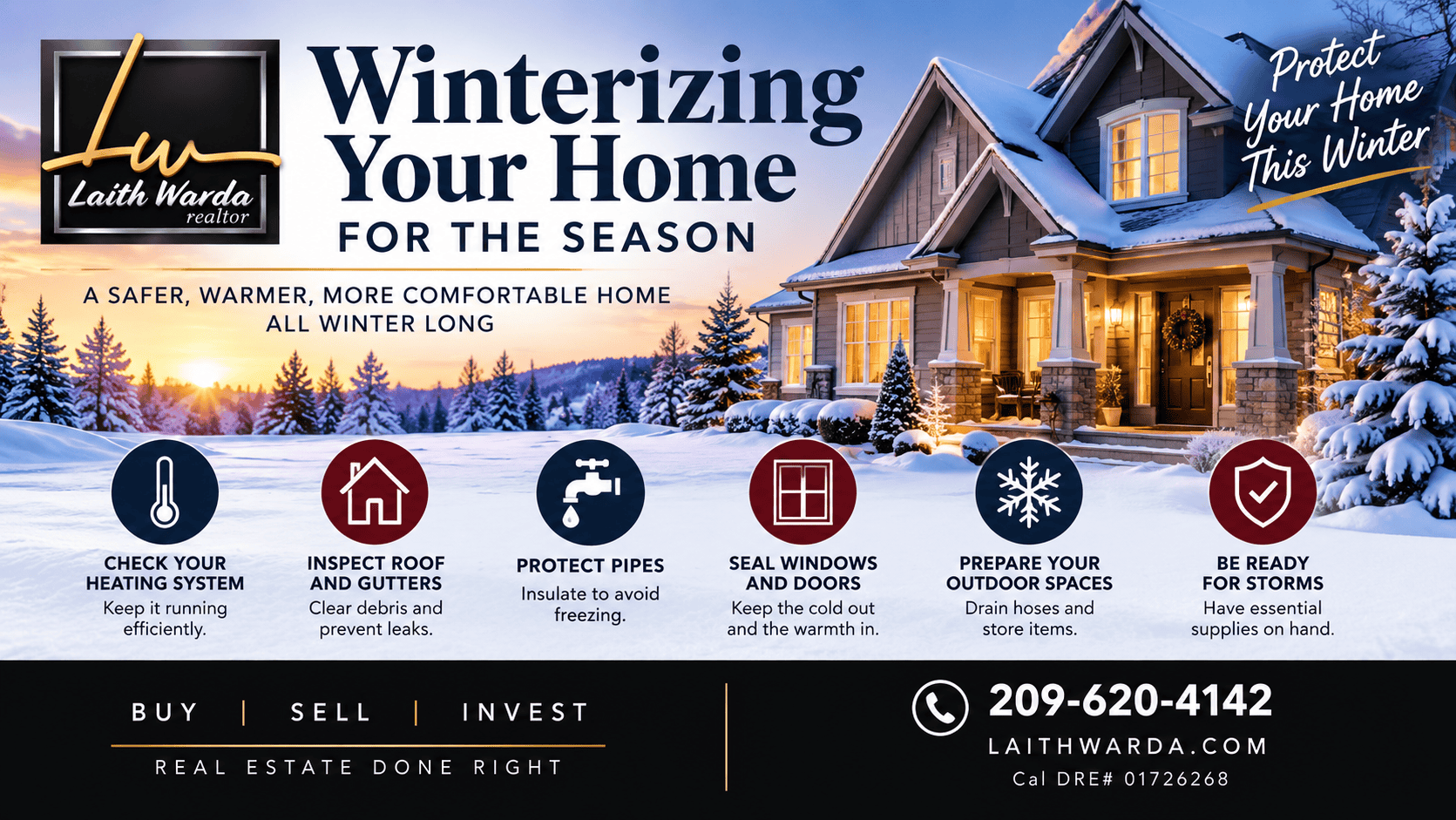 Winterizing your home checklist infographic by Laith Warda Realtor – heating, roof, pipes, windows, and storm prep tips