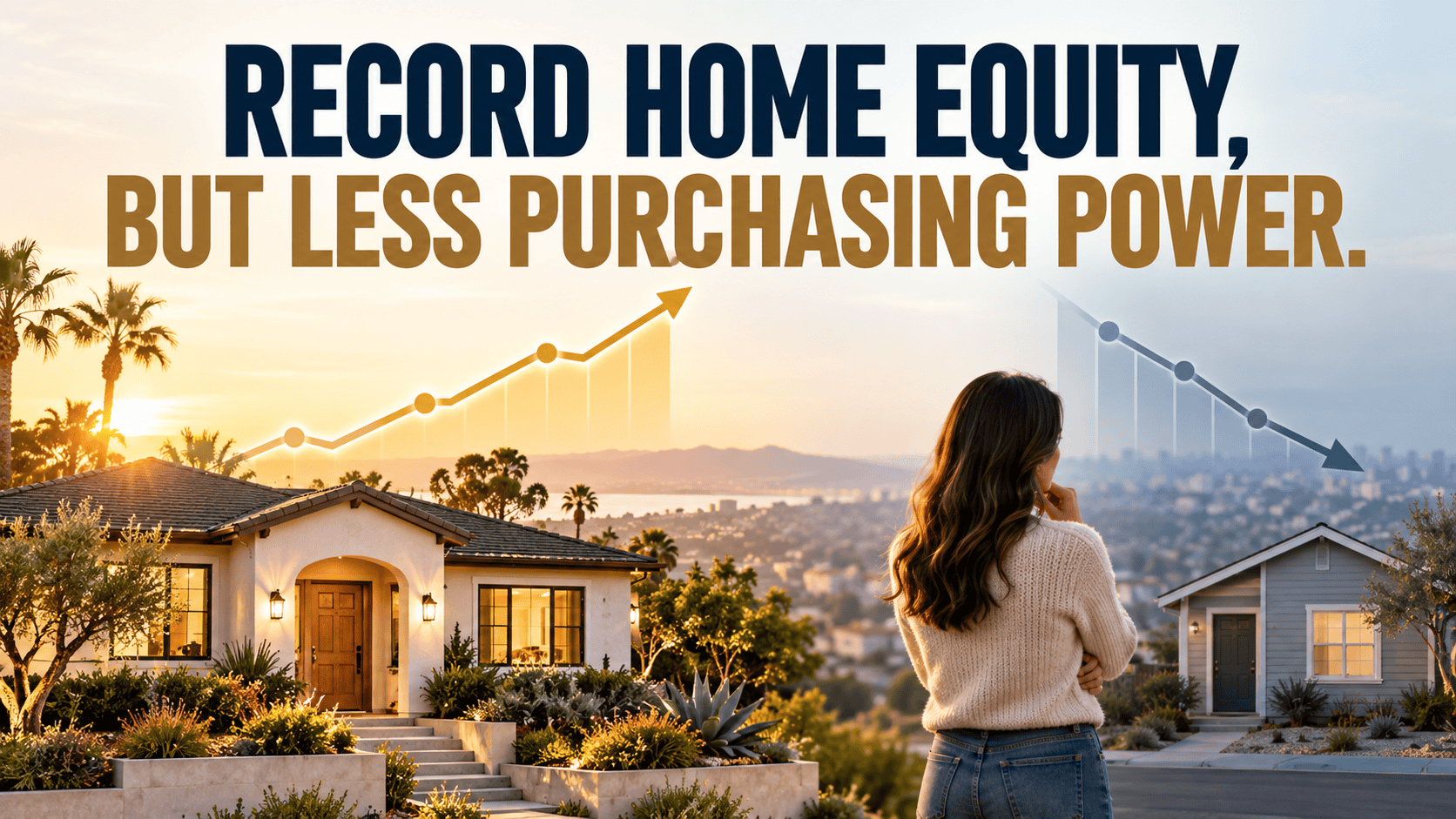 28DAE714-1381-44E4-85C8-BEEC3EC2D8DE Record home equity but less purchasing power – rising equity chart over a Spanish-style home and falling chart over a smaller house